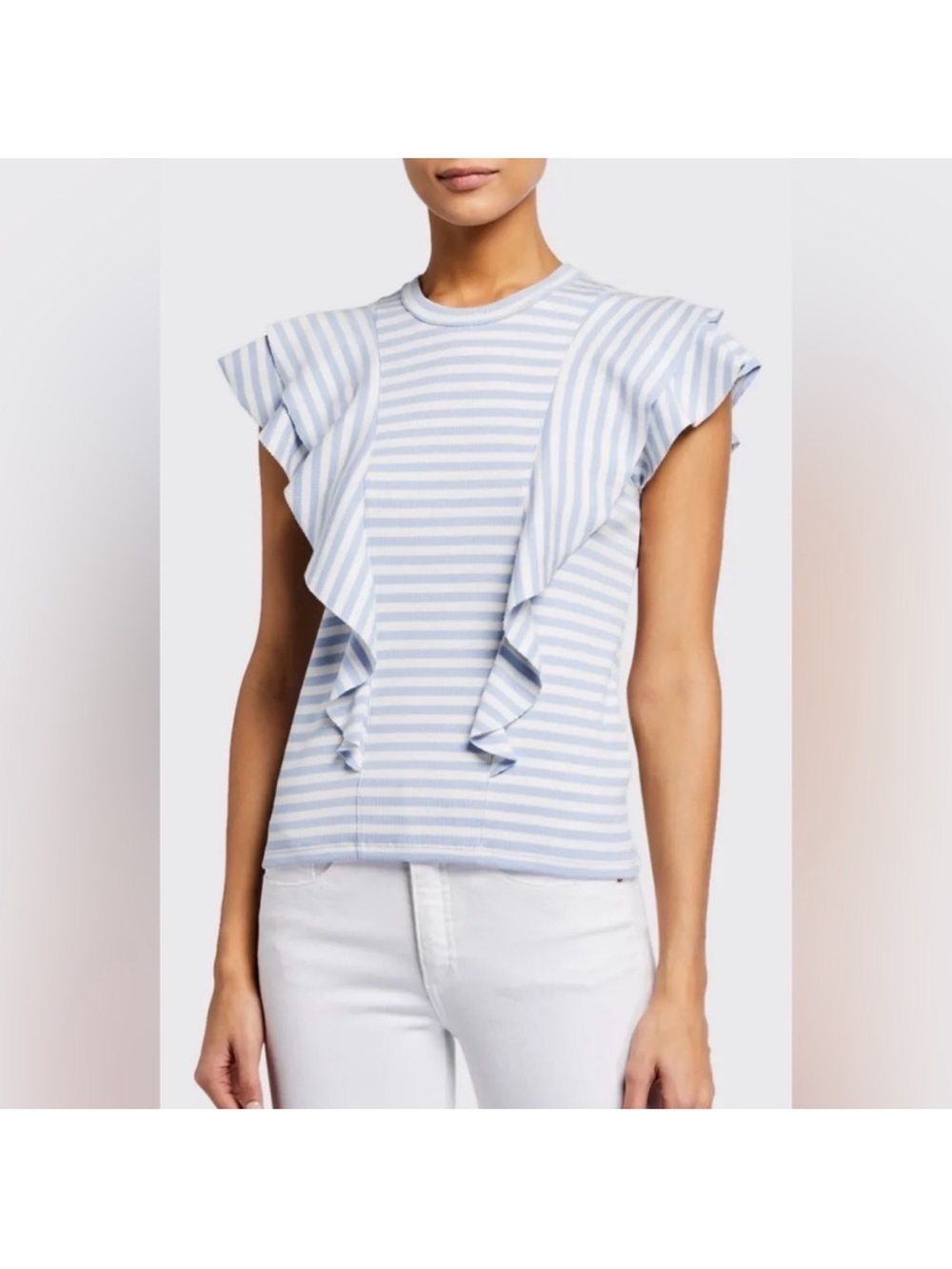 Veronica Beard blue white stripe ribbed Ruffle Top tee Shirt-medium